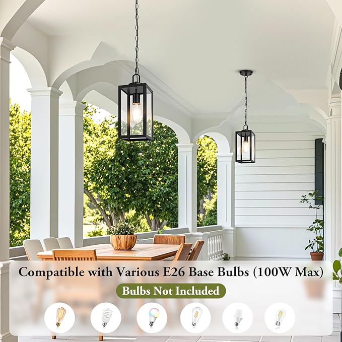 BesLowe 1-Pack Outdoor Pendant Light, 13” Modern Hanging Lantern Light for Outside, Black Exterior Pendant Lighting Fixture with Adjustable Chain, Outdoor Chandelier for Porch, Gazebo, Front Door