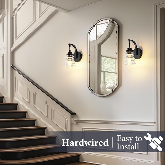 Modern Black Wall Sconce Light, 1-Light Bathroom Vanity Light with Clear Glass Shade for Mirror, Indoor Wall Mounted Fixture for Bedroom, Hallway, Entryway