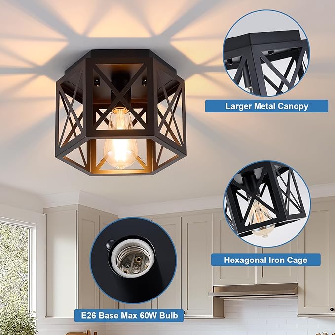 2 Pack Flush Mount Ceiling Light, 1-Light Black Light Fixtures Ceiling Mount, Small Flush Mount Lamp with Hexagonal Metal Cage, Farmhouse Chandeliers for Hallway Kitchen Sink Entryway Foyer
