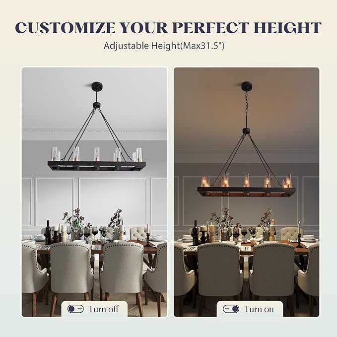 35.4" Farmhouse Rectangle Chandelier for Dining Room, 10-Light Black Hanging Fixture with 59" Adjustable Wires, Rustic Kitchen Island Ceiling Light