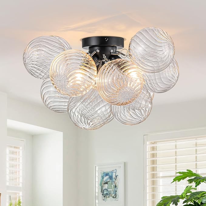 Semi Flush Mount Ceiling Light,Black Chandeliers for Living Room Modern Clear Swirled Glass Chandelier Dining Room Light Fixtures over Table 18.5" with 13 Globe for Foyer Bedroom Kitchen Island