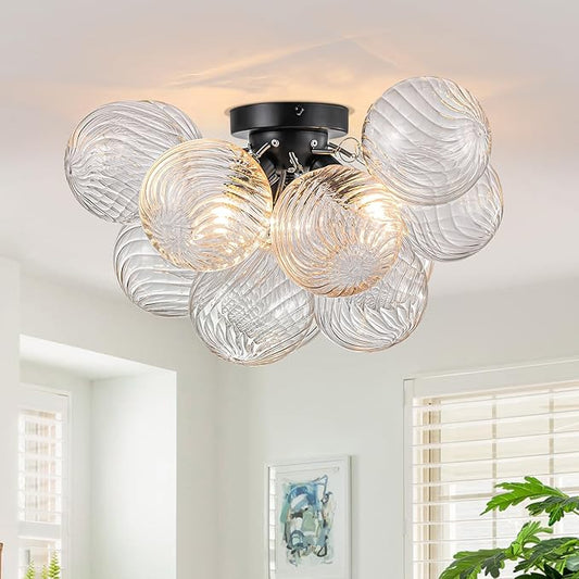 Semi Flush Mount Ceiling Light,Black Chandeliers for Living Room Modern Clear Swirled Glass Chandelier Dining Room Light Fixtures over Table 18.5" with 13 Globe for Foyer Bedroom Kitchen Island