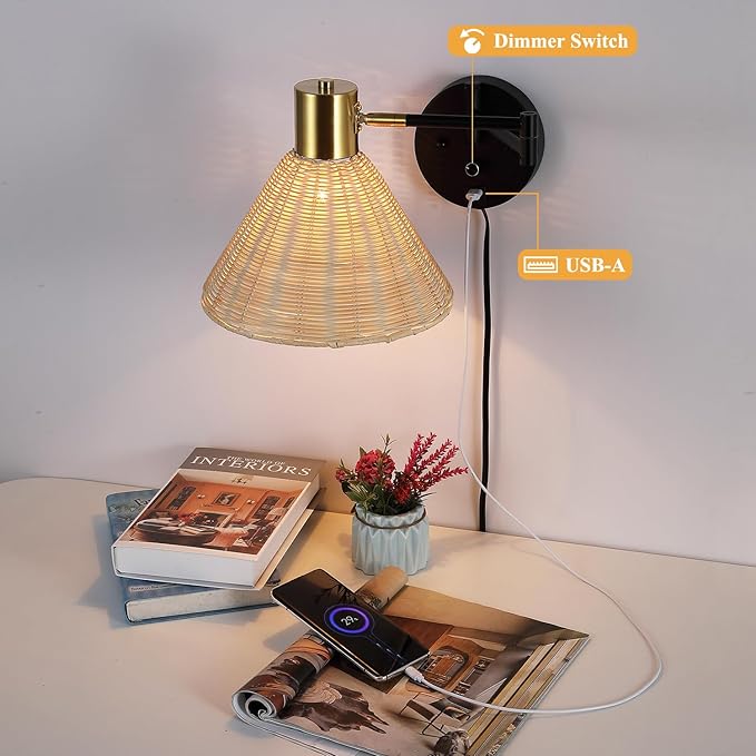 Plug in Rattan Wall Sconce Swing Arm Wall Lamp with USB Port and Dimmer Switch Hand-Woven Boho Rattan Wall Mounted Lamp Suitable for Hallway Bedroom Living Room.Balck