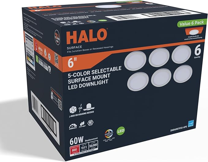 HALO 6 in Round Integrated LED Surface Mount Recessed Downlight Trim 6-Pack, Selectable CCT 2700K-5000K, Wet Rated for Shower and Outdoor Lighting Applications, Energy Star, White - SMD6R07FS5-6PK