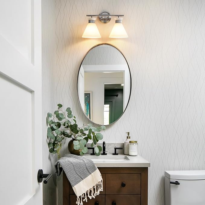 WOSHITU Bathroom Vanity Light Fixtures - Brushed Nickel Bathroom Lighting Fixtures Over Mirror 2-Lights with Modern Milky White Frosted Glass Shade, Mid Century Wall Light 17.3in (Exclude E26 Bulb)