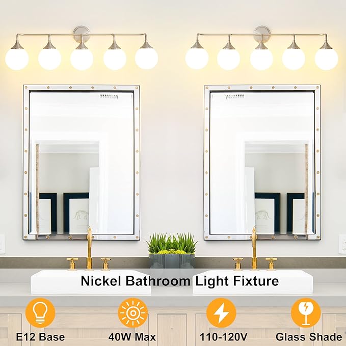 Brushed Nickel Vanity Lights Fixtures, 5-Light Bathroom Vanity Lighting Over Mirror, Modern Bathroom Wall Sconces with Milky White Glass Ball Shades