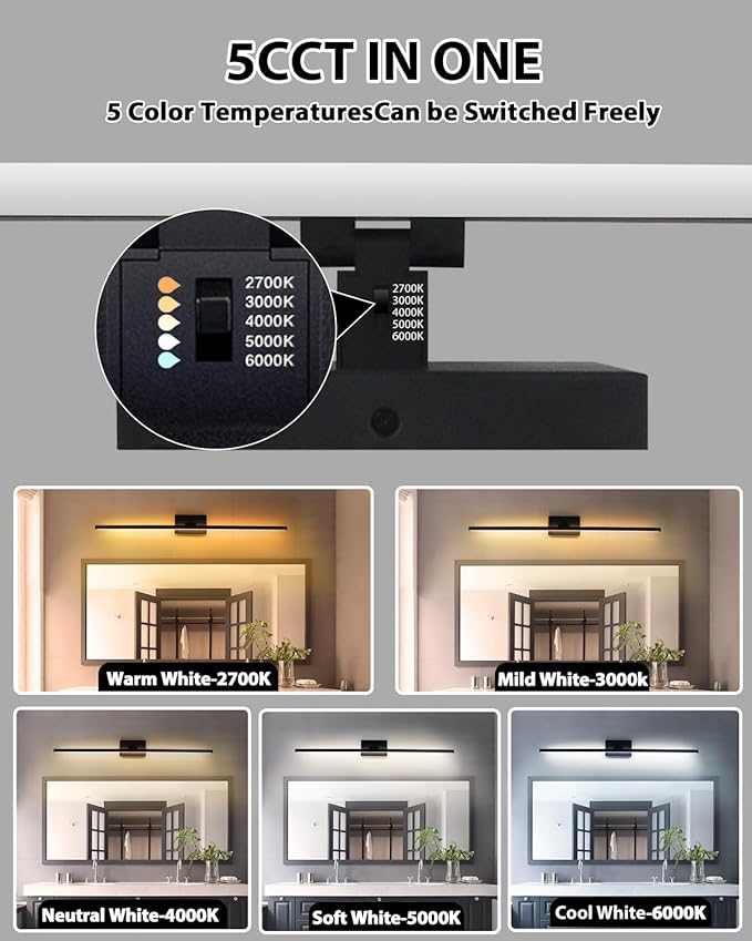 zouzai Second Generation Modern LED Bathroom Vanity Light Bar Black IP44 Over Mirror Bath Wall Fixture 5CCT Adjustable, Dual-Sided, 180° Adjustable Angle (40 inch)