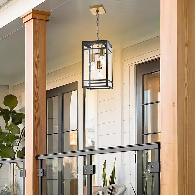 Large Outdoor Pendant Light Fixture for Porch, Black Brass Outdoor Hanging Lantern Pendant Light with Clear Glass, 3 Lights Exterior Porch Chandelier for Outside Patio,Front Door,Enterway