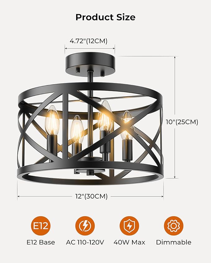 Matane Semi Flush Mount Ceiling Light, 4-Light 12inch Farmhouse Modern Light Fixture with X-Shape Cage, Industrial Rustic Ceiling Lamp for Kitchen, Dining Room, Bedroom, Hallway, Laundry Room, Black