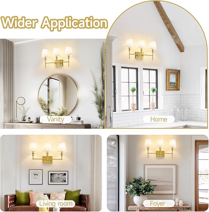 Bathroom Light Fixtures,23.6 IN Bathroom Vanity Lights Over Mirror，3-Light Antique Brass Vintage Wall Sconce With Flared White Fabric Lampshade For Bedroom,Living Room,Foyer,Hardwired,E12 Base