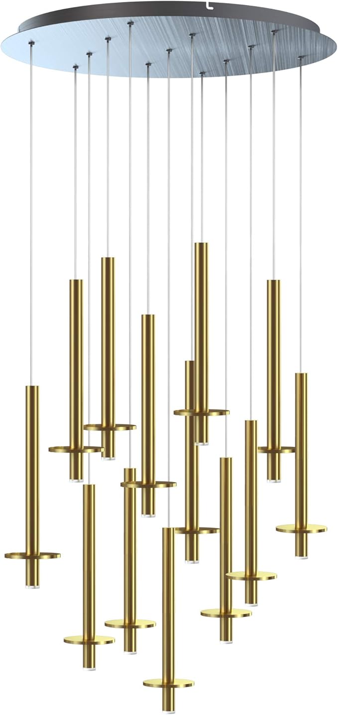 Draco 13 Pendant Lighting Brass – LED Hanging Light Fixture for Kitchen Island, Bar, Foyer – Equilateral Cluster of Mini Metal Rod Pipe Tube Cylinders – Dimmable, Adjustable Wire, Lamp Bulb Included