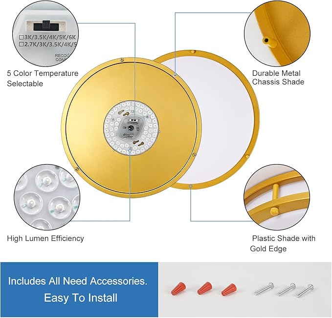 DLLT Flush Mount LED Ceiling Light: 16 Inch 5CCT (3000K-6000K) & Dimmable Ceiling Light Fixtures for Bedroom Hallway - 36W Modern Gold Super Bright Kitchen Lighting Fixtures Ceiling