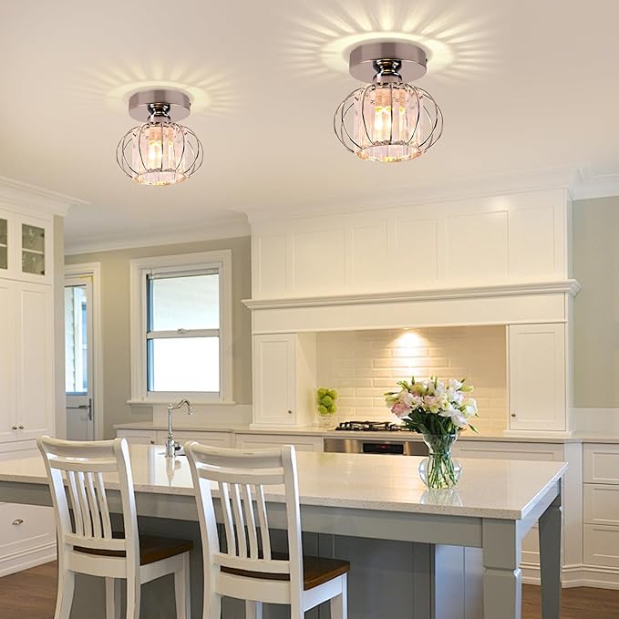 FRIXCHUR Small Chandelier Semi Flush Mount Ceiling Light Fixture Chrome Crystal Ceiling Lighting Modern Crystal Ceiling Light Fixture for Hallway Closet Kitchen Island Dining Room Bedroom E26 Base