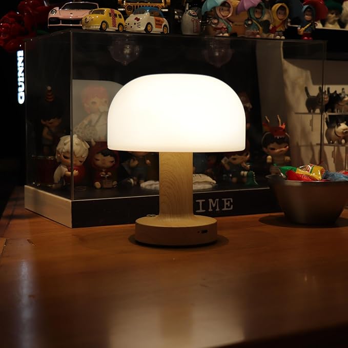 HAPYGI Small Mushroom Table Lamp, Cordless Night Light with 2600mAh Rechargeable Battery, Stepless Dimming Desk Lamp with 3 Colors for Bedroom/Patio/Living Room (Wooden-1)