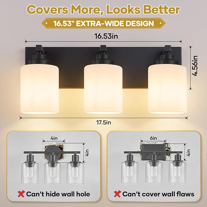 Bathroom Vanity Light Fixture, 3-Light Matte Black Bathroom Light Fixtures Over Mirror with Milky White Glass Shades, Modern Vanity Lights for Bathroom Living Room Hallway (Bulbs Not Included)