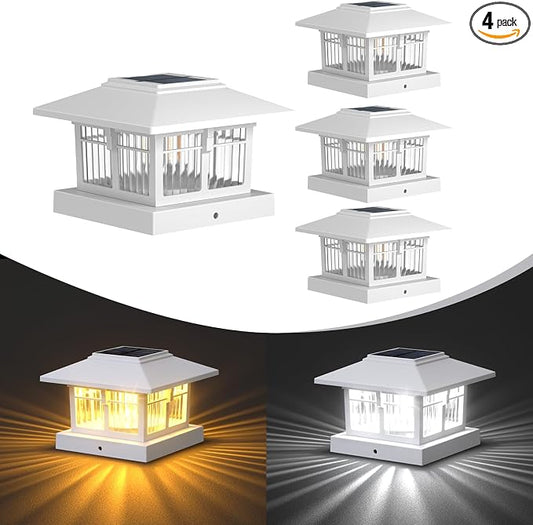 EXCMARK 4x4 Solar Post Cap Lights, 4 Pack Fence Deck Post Lights Outdoor Solar Powered Waterproof with Two Light Modes Warm&Cool White for Garden Patio Decor. (Classic White, 4)