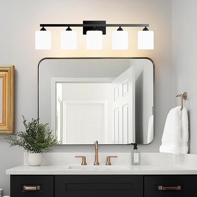 Quntis Black Bathroom Light Fixtures Over Mirror 5 Colors Adjustable, 5-Light LED Bathroom Vanity Lighting with Milky White Frosted Glass Shade, Energy-Saving LED Vanity Light 35.8 inch