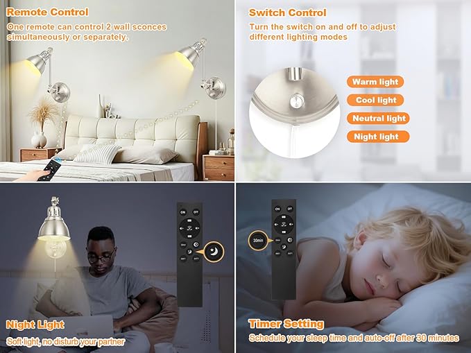 2 Pack Plug in Wall Sconces with Remote Control, Dimming, Adjustable Colors 2700K-6500K, Swing Arm Wall Lamps with Night Light & Timer, Plug-in or Hardwired, LED Bulbs Included, Brushed Nickel