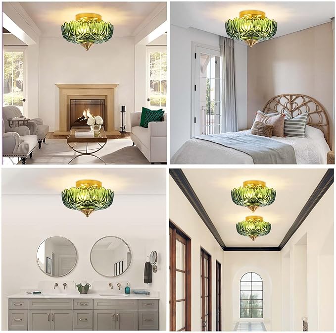 Semi Flush Mount Ceiling Light,Vintage Ceiling Light 9.44 Inch E26 Small Green Glass Ceiling Lighting for Living Room Kitchen Bedroom Hallway 3 Light(Bulb Not Included)