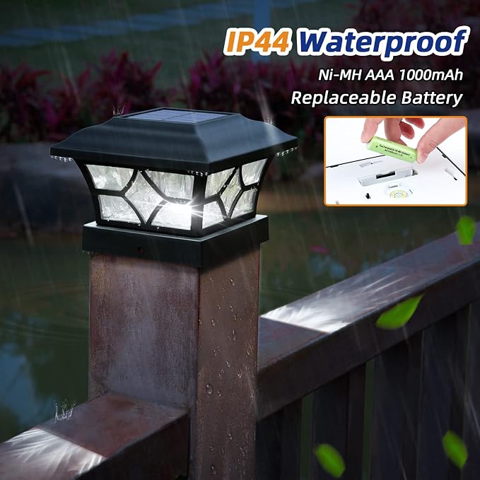 APONUO 4x4 Solar Post Cap Lights 4 Pack - 6x6 Post Cap Solar Light, 2-Mode, IP64 Waterproof, Post Lights Solar Powered for 4x4 5x5 6x6 Wood/Vinyl Posts, Black