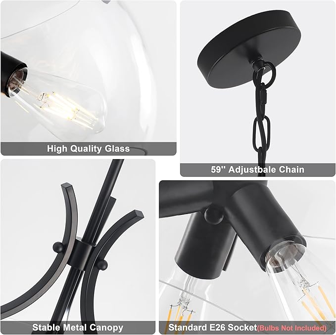 15.7" Large Glass Chandelier, 3-Light Industrial Farmhouse Chandelier, Black Round Pendant Light Fixture with Glass Shade for Dining Room Kitchen Sink Hallway Entryway