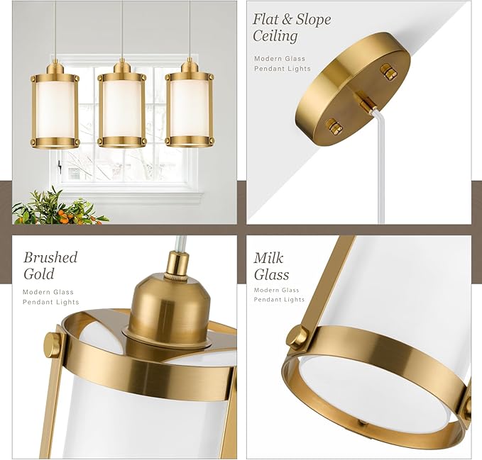 Brushed Gold Pendant Lights Kitchen Island, 1-Light Modern Brass Mini Hanging Light Fixtures with Milk Glass, Farmhouse Kitchen Pendant Lighting Over Island for Sink, OS-3014-1PBGW