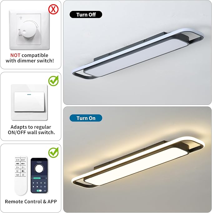 ORANOOR Modern LED Ceiling Lighting with Remote, 70W Dimmable Black Linear Flush Mount Light Fixture, 39.4'' Low Profile Lights Fixture Long LED Ceiling Lamp for Kitchen Bedroom Living Room Hallway
