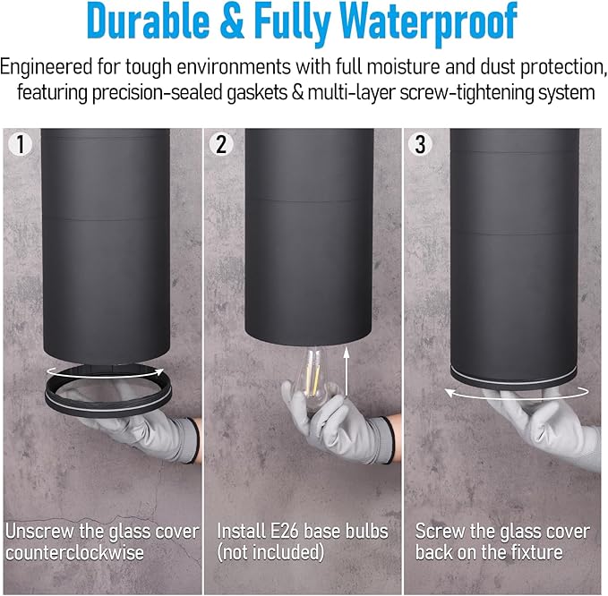 LEONLITE Modern Outdoor Cylinder Wall Lights 22", Up and Down Porch Patio Lights, Matte Black Waterproof Wall Sconce, Aluminum, E26 Base, Exterior Light Fixture Wall Mount, ETL, Pack of 2