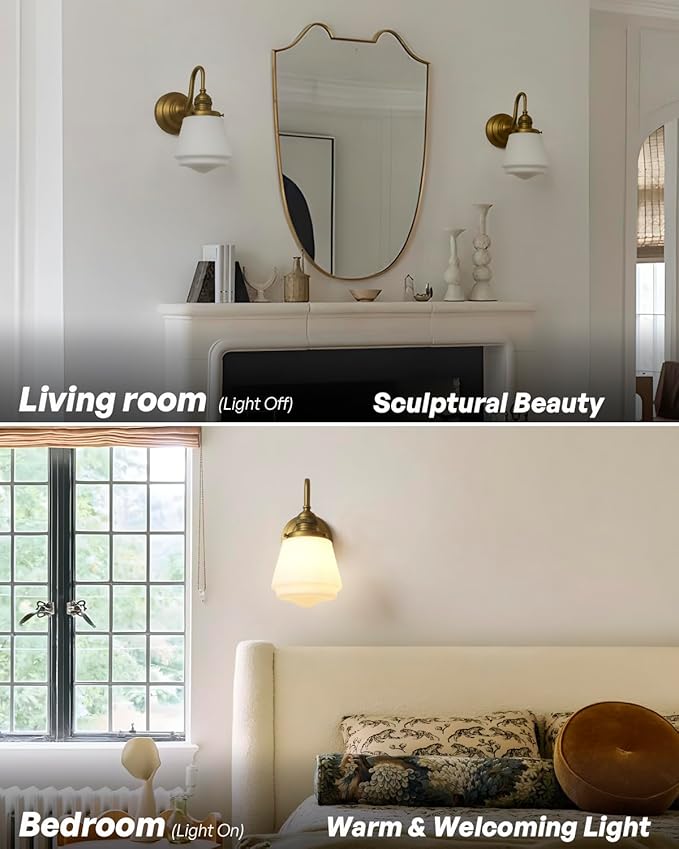 Vintage Wall Sconce Antique Brass Gold Bathroom Vanity Light with Frosted Milk Glass Shade Indoor Hardwire Wall Mounted Lamp Light for Bathroom Mirror Living Room Bedroom Kitchen
