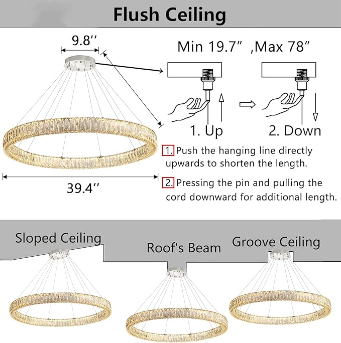 HAIXIANG Modern Crystal Chandelier Dimmable Large Ring LED Pendant Lights Adjustable Glam Chandeliers Lighting Fixtures for Dining Room Living Room Bedroom Silver Light