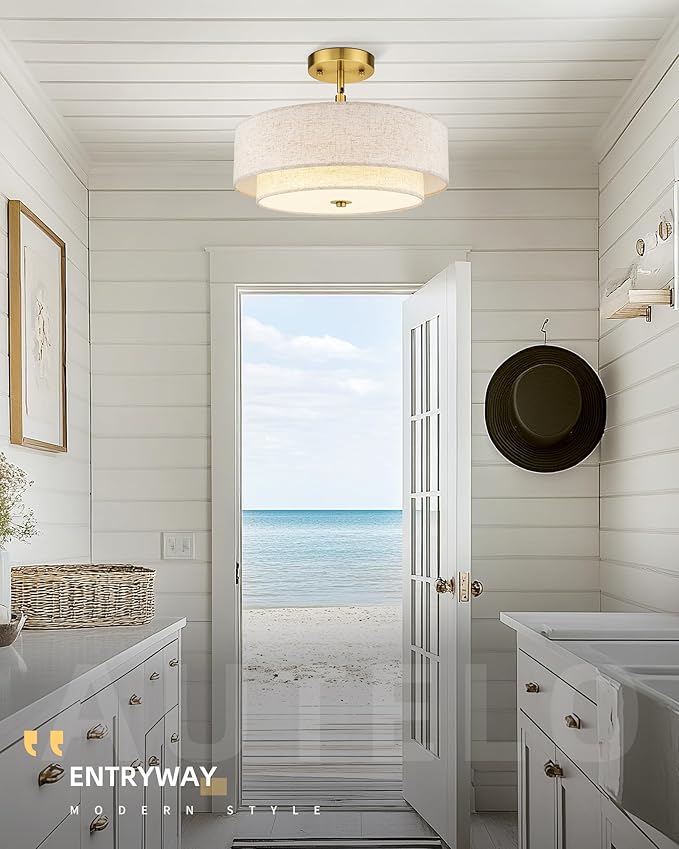 AUTELO 18" Semi Flush Mount Ceiling Light, 3-Light Farmhouse Ceiling Light in Brushed Gold Finish with Drum Fabric Shade, Gold Light Fixtures Ceiling Mount for Hallway Bedroom Kitchen, C2506 BG-18