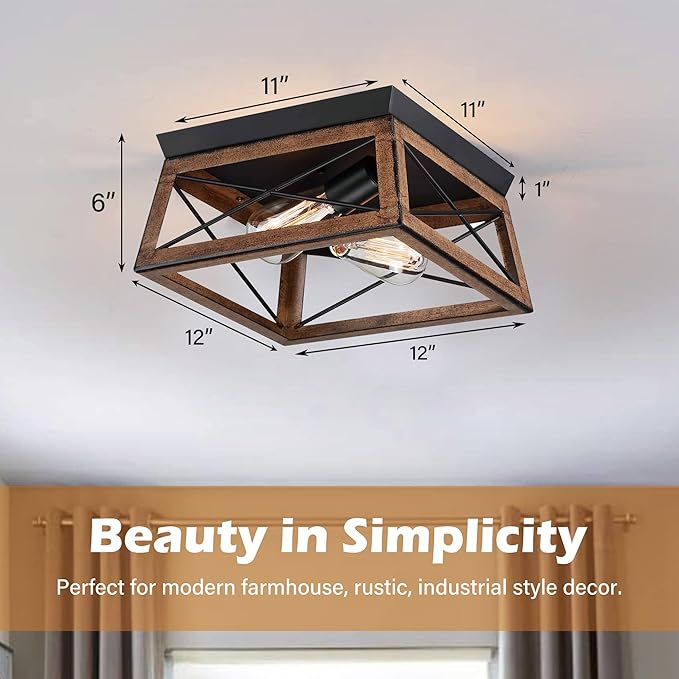 Pia Ricco Farmhouse Flush Mount Ceiling Light Fixture, Outdoor Porch Ceiling Lights, Rustic Industrial Style Square Close to Ceiling Light for Entry, Hallway, Kitchen, Patio, 2-Light, Brown
