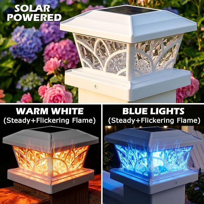 SIEDiNLAR Flickering Flame Solar Post Cap Lights 4 Modes 1 Pack, Upgrade Model for 4x4 5x5 6x6 Vinyl/Wood Posts, Waterproof Outdoor Fence Deck Patio Decor, Warm White & Blue Light (White)