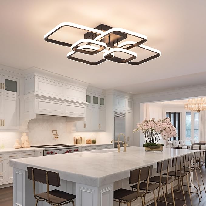 31.5" Modern LED Ceiling Light 6-Square Dimmable Ceiling Light Fixtures with Remote 3000K-6000K Black Close to Ceilings Lamp 60W for Living Room, Bedroom