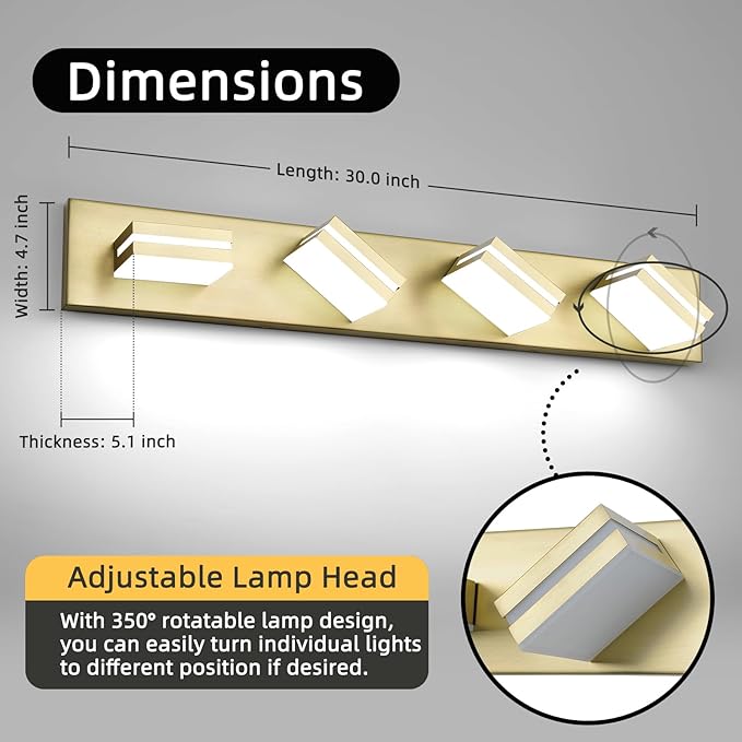 OKELI 4 Light Bathroom Vanity Light Gold Modern 32W LED Dimmable Vanity Light Over Mirror 350° Adjustable Lamp Head Cold White 6000K ETL Listed 30Inch