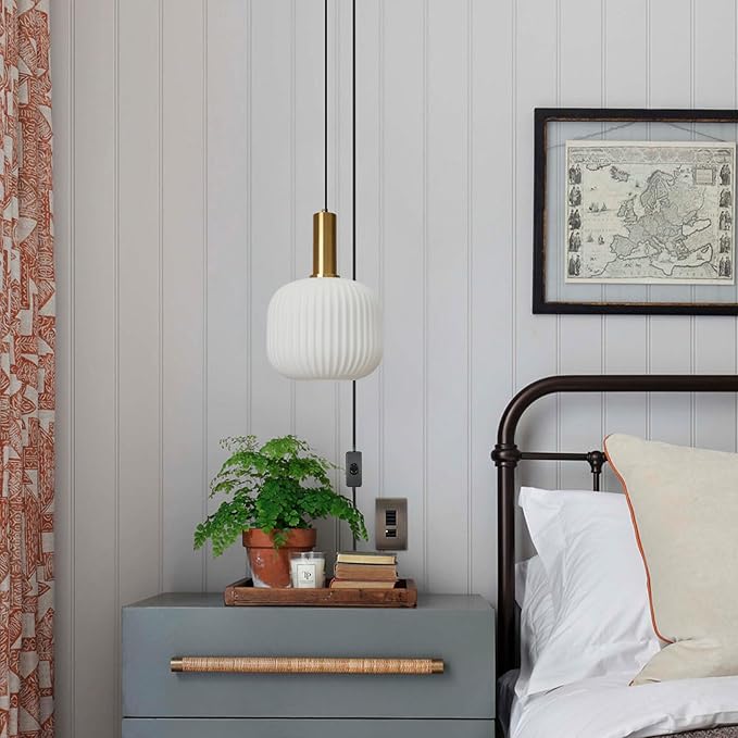 Mid Century Modern Plug in Hanging Light Milk Glass Pendant Light White and Gold Hanging Lamp Plug in Chandelier Lighting with Long Cord for Bedroom Living Room Dining Room Kitchen