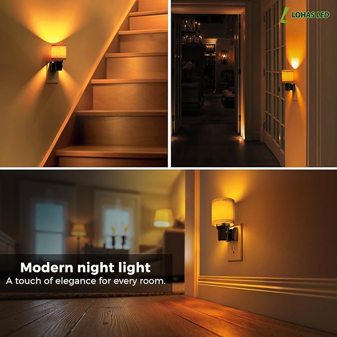 L LOHAS LED Night Lights Plug into Wall, 2 Pack Linen Fabric Cylinder Decor Night Light, Dusk to Dawn Sensor Vintage Nightlight, Amber Warm 0-100LM Dimmable, for Bedroom Living Room Hallway