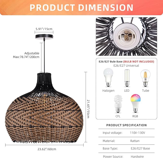 Arturesthome 1 Light Rattan Pendant Light Fixtures for Kitchen Island, 23.6" Wicker Chandelier, Handwoven Hanging Ceiling Lighting Lampshade for Dining Room Hallway Black