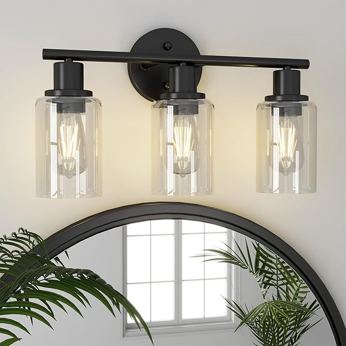 Pia Ricco Bathroom Vanity Light Fixtures, 3-Light Black Vanity Lights with Clear Glass Shades, Modern Wall Light Fixture Over Mirror, Bathroom Wall Sconces for Mirror Living Room Bedroom Hallway