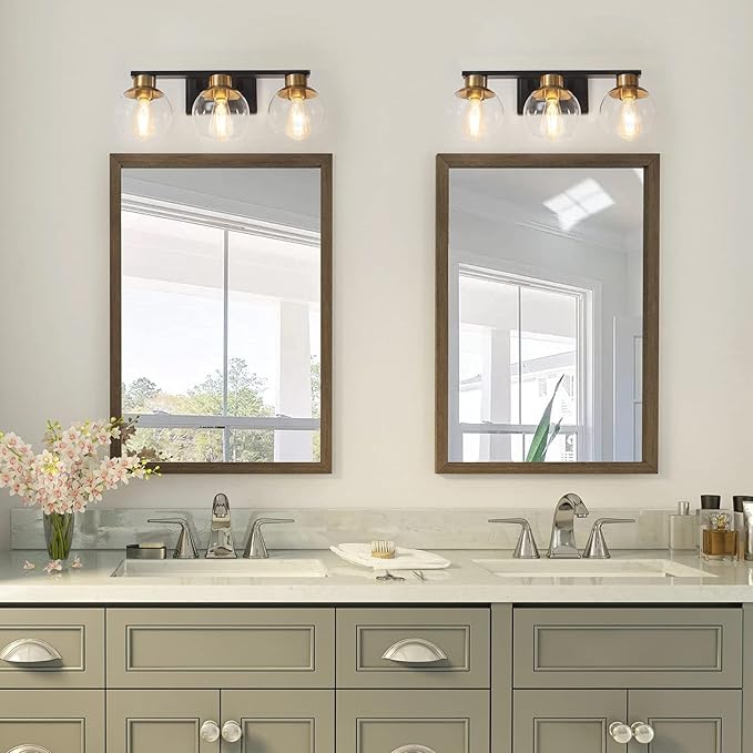 PAZALA 3-Light Bathroom Vanity Lights, Black and Gold Bathroom Light Fixtures Over Mirror with Globe Glass Shade, 22in Modern Wall Sconce for Bathr Mirror Bedroom Hallway, E26 Base(Bulbs Not Included)