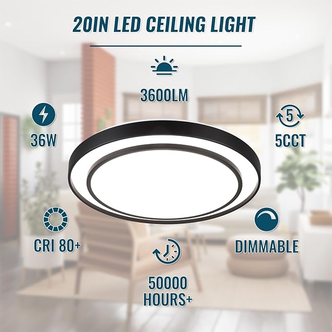 20" LED Flush Mount Ceiling Light Fixture 5CCT, Black Ceiling Light Round, Dimmable Light Fixture Flush Mount 36W, Modern Simple Close to Ceiling Light Fixtures for Kitchen, Bedroom