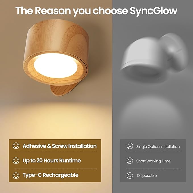 LED Wall Mounted Lamps, Battery Operated Rechargeable Wall Lights, 3CCT & Dimmable, 360°Rotation with Magnetic Ball, Cordless Wall Sconces for Picture Bedside Bedroom Reading, Wood-1 Pack