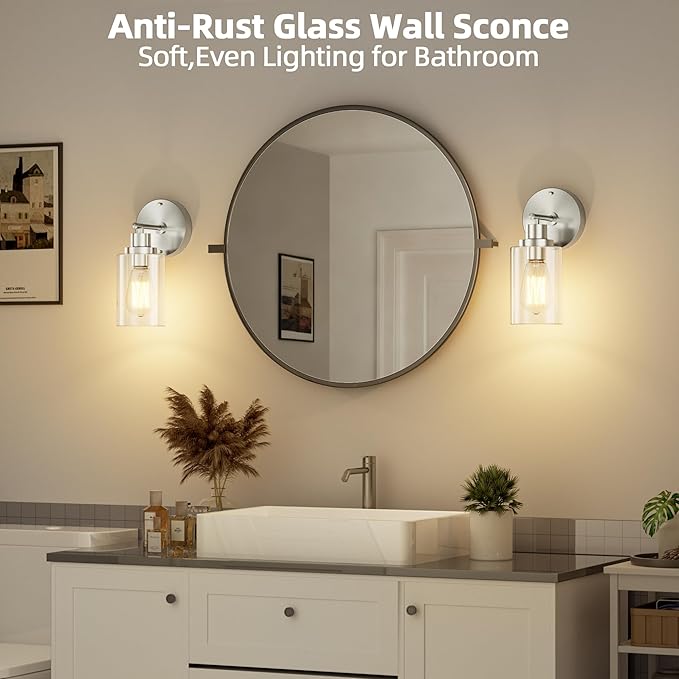 GORDNWE Set of 2 Bathroom Wall Sconce, Brushed Nickel Vanity Light, Modern Wall Light Fixture with Clear Glass Shade and E26 Bulb Base, Wall Lamp Wall Mount Light Fixtures for Mirror, Bedroom