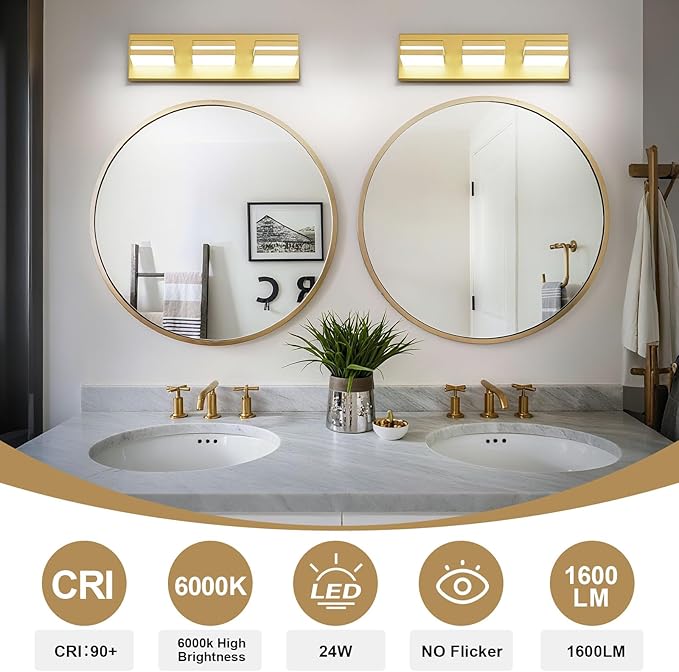 Modern LED Small Bathroom Lights Fixtures 3-Light,Metal Gold Acrylic Wall Lighting,Vanity Lights for Bathroom Over Mirror 6000k 16in