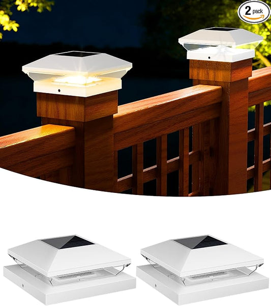 T-SUN Solar Post Cap Lights Outdoor 2 Pack, 2 Modes LED Fence Post Solar Lights Fit for 4x4 5x5 6x6 Vinyl/Wooden Posts, Waterproof Deck Post Lights Solar Powered for Garden Patio Gate Porch