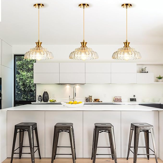 2Pack Glass Pendant Lights Kitchen Island, 11.8" Vintage Lighting Glass Light Fixtures Brushed Gold Modern Chandelier Hanging Ceiling for Dining Living Room Restaurant Bedroom Foyer