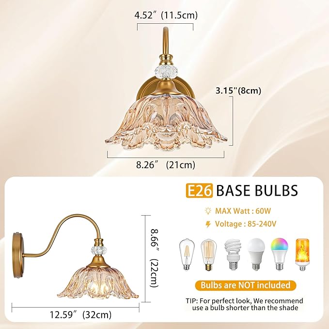 1 Piece Vintage Wall Sconce with Floral Amber Glass Shade, Matte Brass Finish Wall Sconce for Bathroom,Vintage Bathroom Vanity Light Fixture