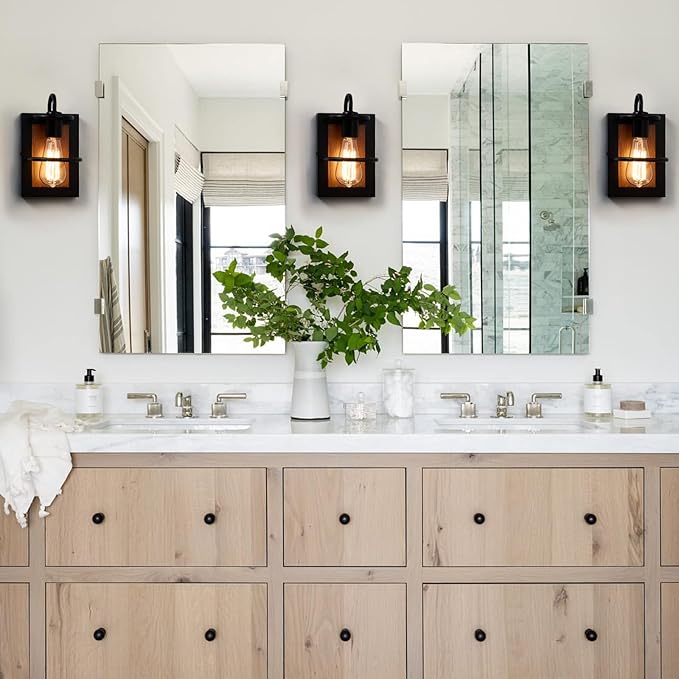 Farmhouse Wall Sconces Lamp Set of Two,Modern Industrial Wall Sconces Lighting Indoor with E26 Base Faux-Wood Color Matte Black Finish,Vintage Wall Mount Light Fixture for Bedroom Living Room Stairway