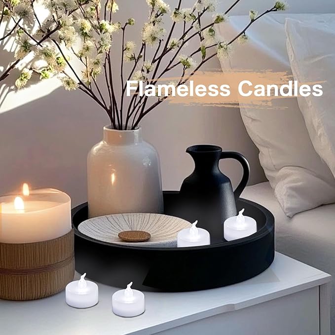 LANKER 24 Pack Flameless LED Tea Lights Candles, Steady Cool White Tealights, Long Lasting Battery Operated Fake Candles, Decoration for Halloween and Festival Celebration (Cool White)