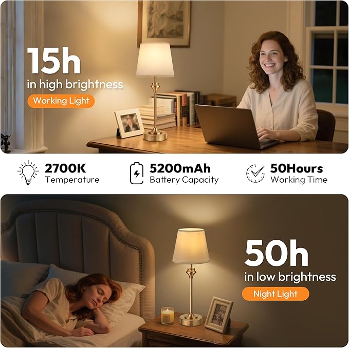 NIORSUN 10.2" Portables Cordless Table Lamp, Battery Operated Lamp,Small Bedside Table Lamp with Warm White,3 Way Dimmable Touch Desk Lamp for Living Room Restaurant Bedroom (Gold)